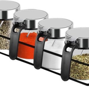 Set of 4 Glass Spice Jars Seasoning Containers with 304 Stainless Steel Lids and Spoons, 10oz/300 ml Clear Condiment Canisters Pots Salt Containers Sugar Bowl with Base Rack for Kitchen (4 Jars Set)