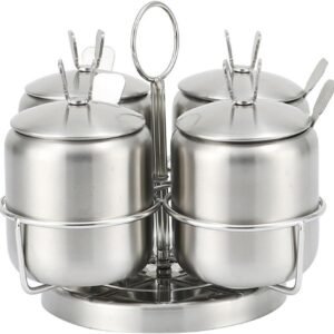 Stainless Steel Spice Jar Set with Revolving Rack, 12oz/350 ml Set of 4 Seasoning Box Bottle with Lids & Spoons Condiment Jar Canisters Pots Spice Container Salt Sugar Bowl for Kitchen Home