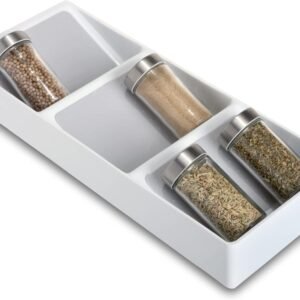 3 Section Plastic Spice Rack Drawer - Non-Slip Lining and Feet - BPA Free - Seasoning Jars, Makeup Storage, Countertop Bottle Tray, 3 Tier - Pantry Kitchen Organizer - White with Gray