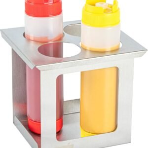 Squeeze Bottle Holder Pack of 1 Stainless Steel 4 Hole Bottle Holder, 2.5" Diameter Fits 1/6 Size Opening, Dishwasher Friendly Integrated Lip Design Holder for Condiment Bottles