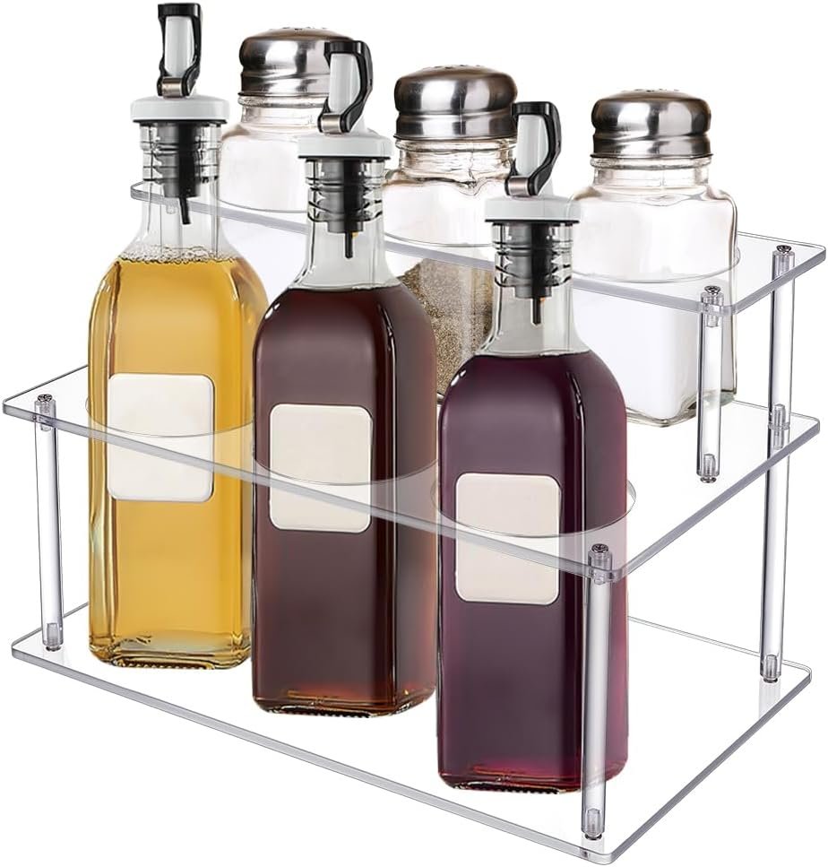 Acrylic Coffee Syrup Organizer Rack 6 Bottle 2-Tier Coffee Syrup Rack Clear Bottle Holder Stand Kitchen Countertop Pantry Fridge Storage Organizer for Condiments Wine Soda Beer