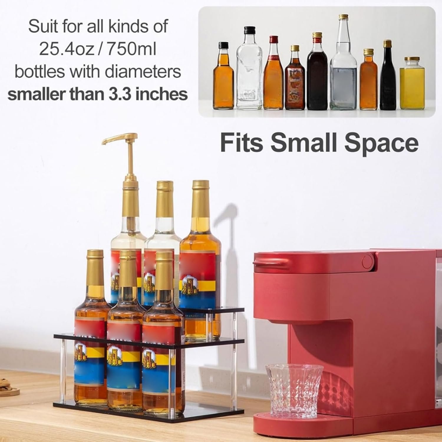Acrylic Coffee Syrup Organizer, 12.6 x 7.5 x 7.1in 2 Tier Coffee Syrup Rack with Stable Positioning Rings for Kitchen Bar Restaurant Holds 6 Syrup Bottles Wine, Condiments - Image 2