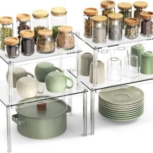 4Pack Acrylic Cabinet Organizer, Clear Cabinet Organizer Shelf, Spice Rack Organizer for Cabinet for Dishes, Spices, Soda Cans and Bottles, Stackable Shelves House Essentials for Gift