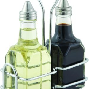 , 5.4'' x 2.6'' Oil And Vinegar Cruet Set With Stainless Steel Chrome Plated Rack And Two 6 Oz. Square Glass Bottles, Salad Dressing Bottles