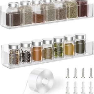 Adhesive Acrylic Spice Rack Organizer for Wall with Nano Double Sided Tape, Spice Shelf Organization for Kitchen Cabinet Door/Pantry Door, Wall Mount Seasoning Rack (Clear-2 Pack)